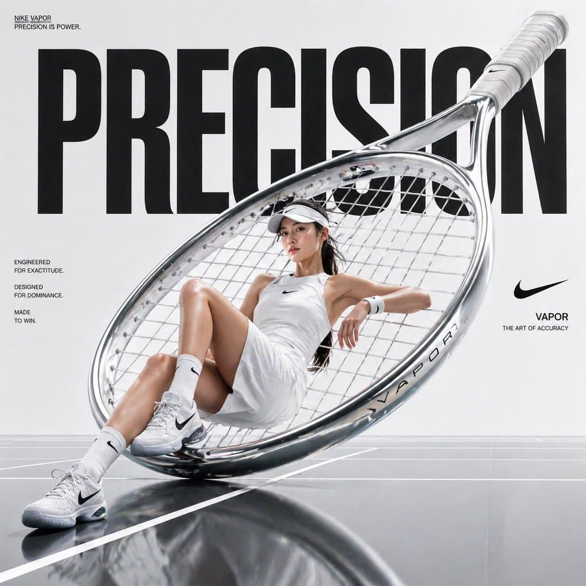 Avant-garde sports fashion advertisement, oversized tenni...