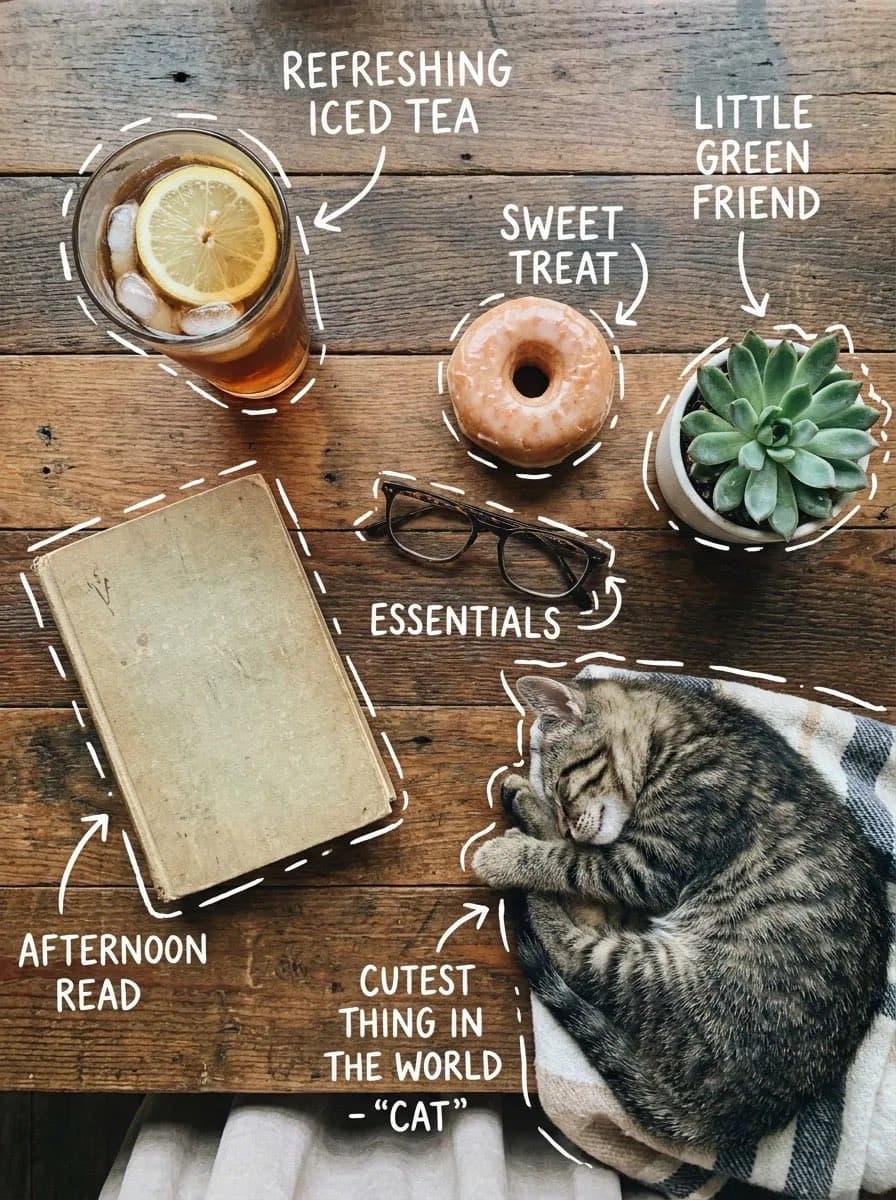 Top-down flat lay on a rustic wooden table, cozy aestheti... - Image 1