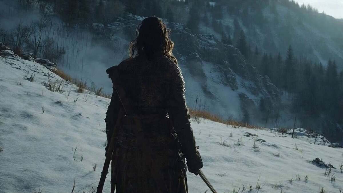 SUBJECTS: A lone sword-bearing woman in weathered fur and...