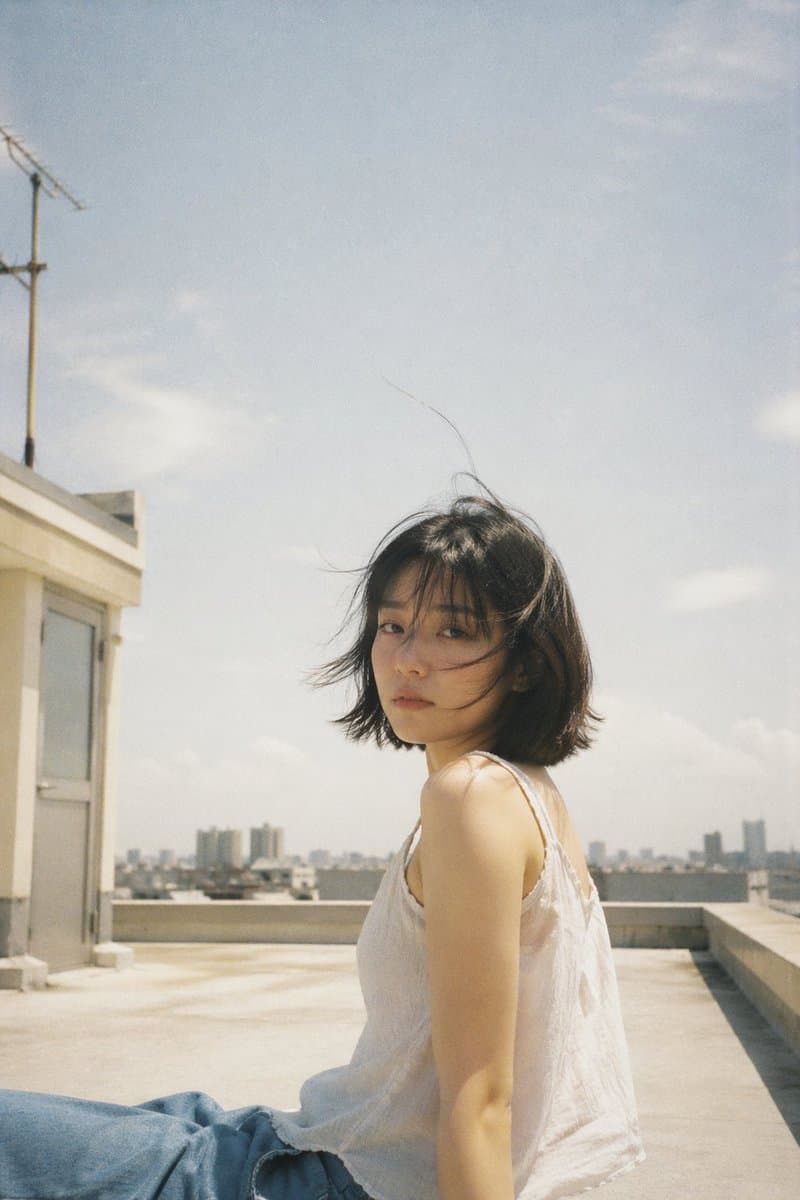 Japanese negative film aesthetic, rooftop summer scene, s...