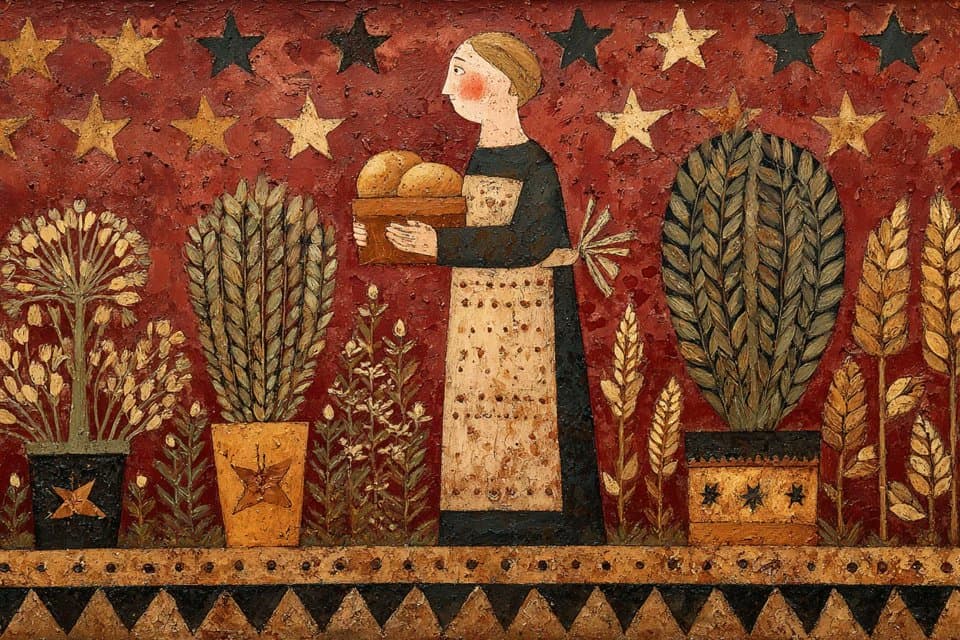 A Naive Folk Art Painting Of , Surrounded By Sym