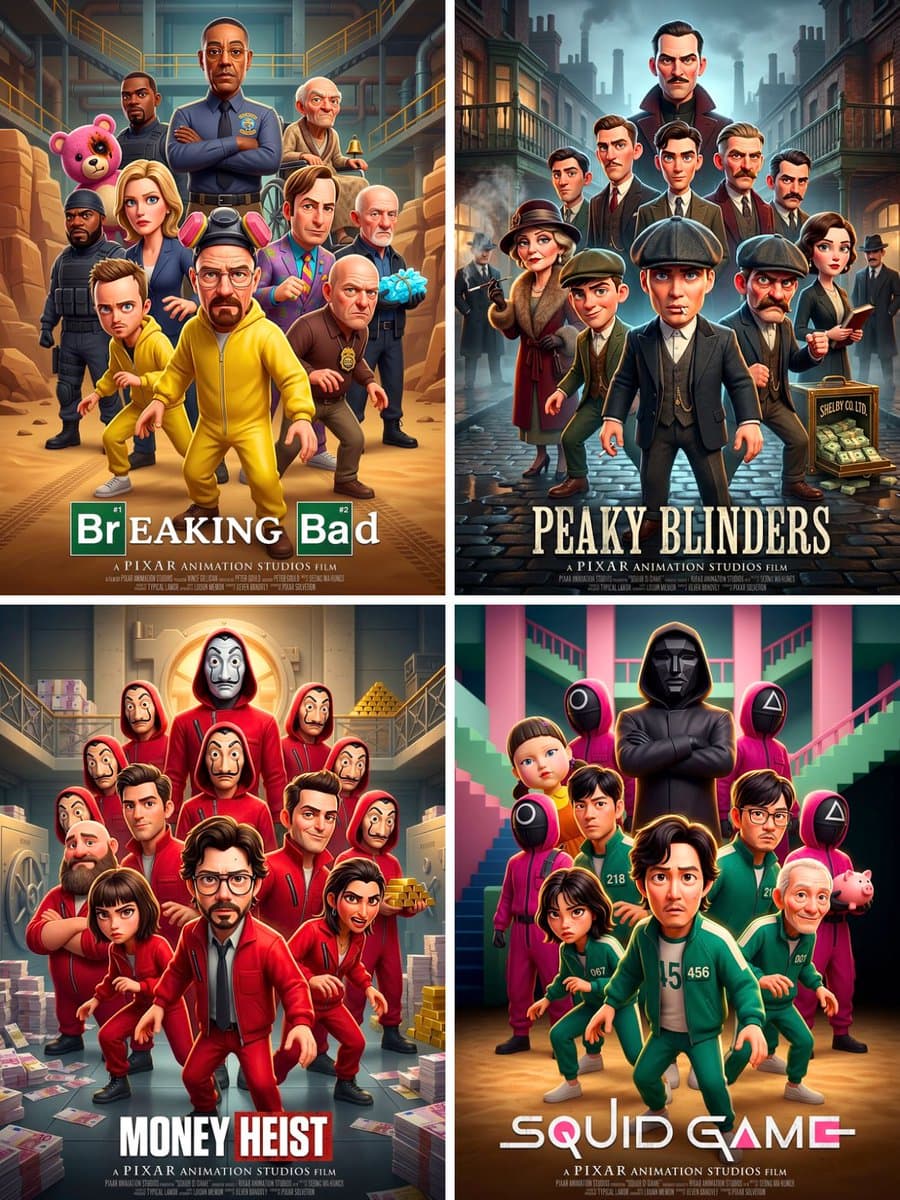 Pixar 3D CGI animated movie poster style, ensemble cast f...